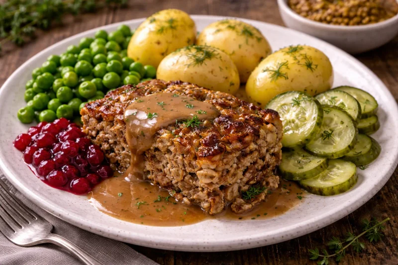 Kålpudding med kokt potatis och tillbehör