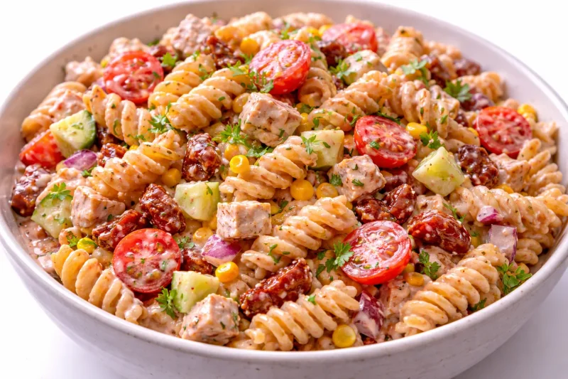 Krämig pastasallad med chilisås och italiensk smak