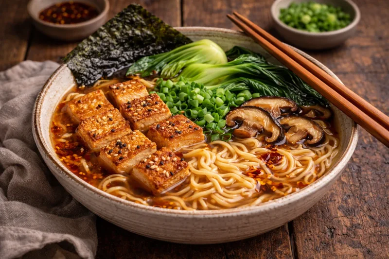 Vegansk ramen med tofu och smakrik grönsaksbuljong