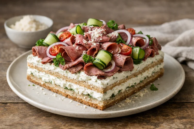 Smörgåstårta med rostbiff och pepparrot
