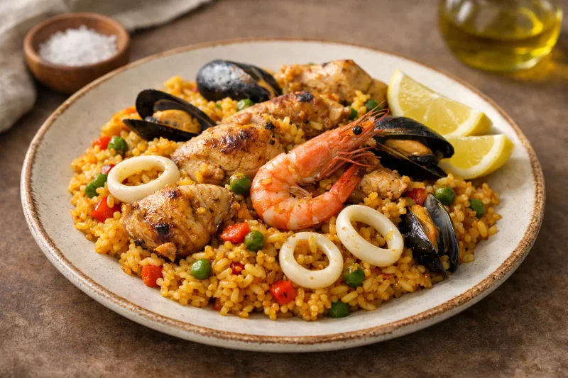 Spansk Paella med Kyckling och Skaldjur