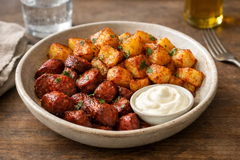 Spanska korvar med patatas bravas och kall sås