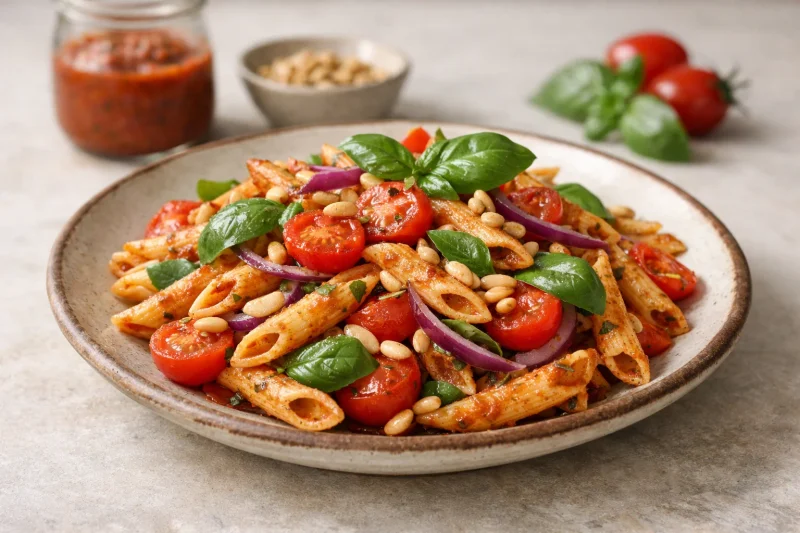 Pastasallad med tomatpesto och basilika