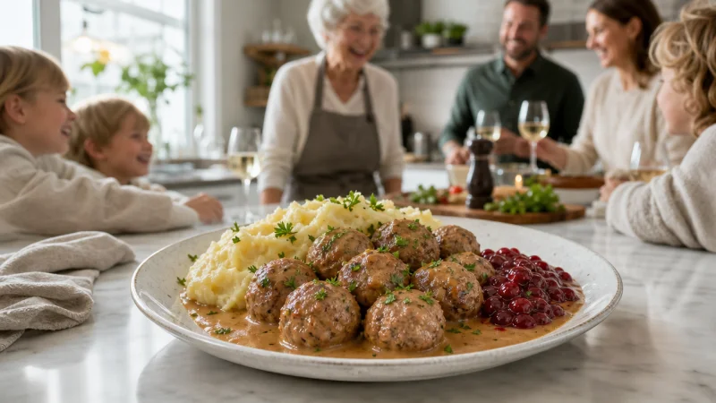 Köttbullar med potatismos, brunsås och lingon