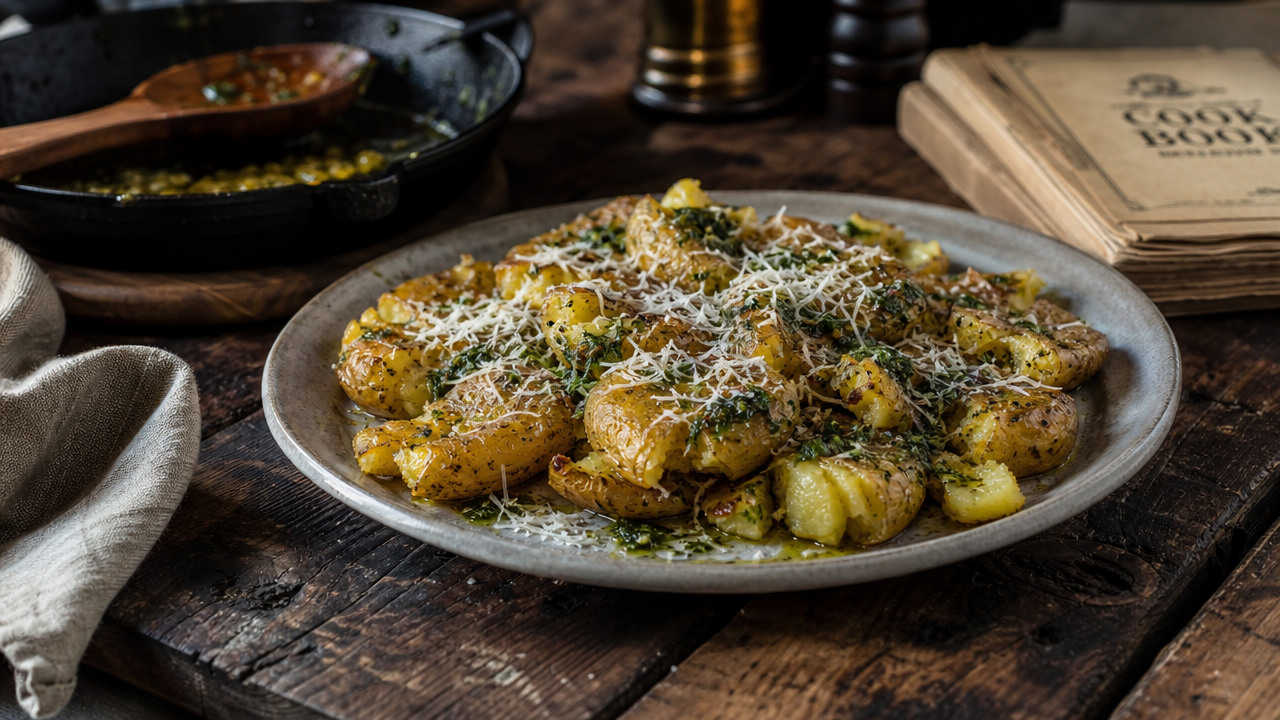 Smashad potatis med parmesan och örtolja - Billig lyx