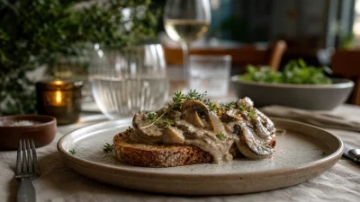 Rostat surdegsbröd med svampstuvning och timjan