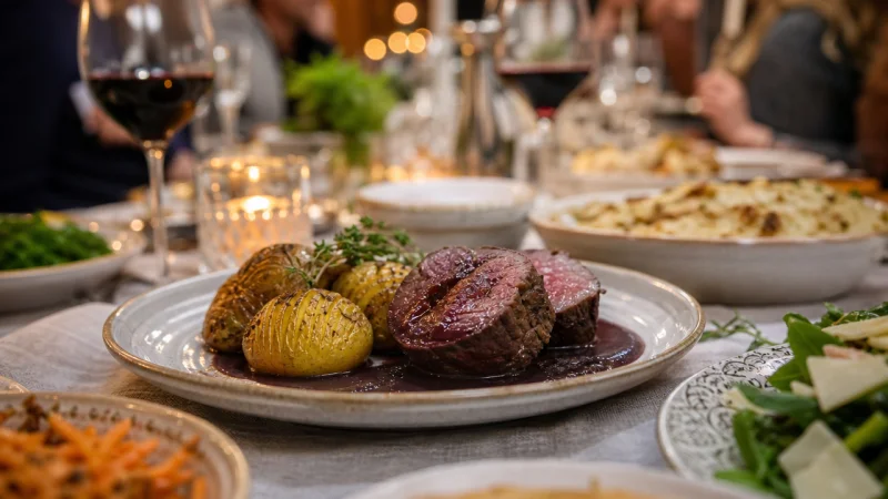 Oxfile med hasselbackspotatis och rödvinssås