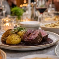 Oxfile med hasselbackspotatis och rödvinssås