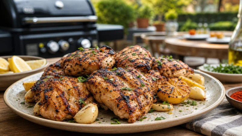 Grillad kyckling på grillen med saftiga lårfiléer