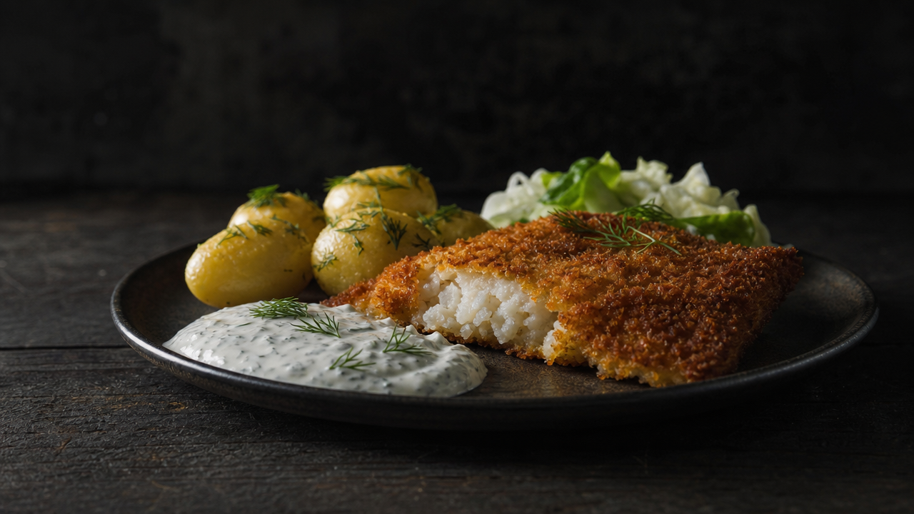 Panerad fisk med skolans kalla dillsås