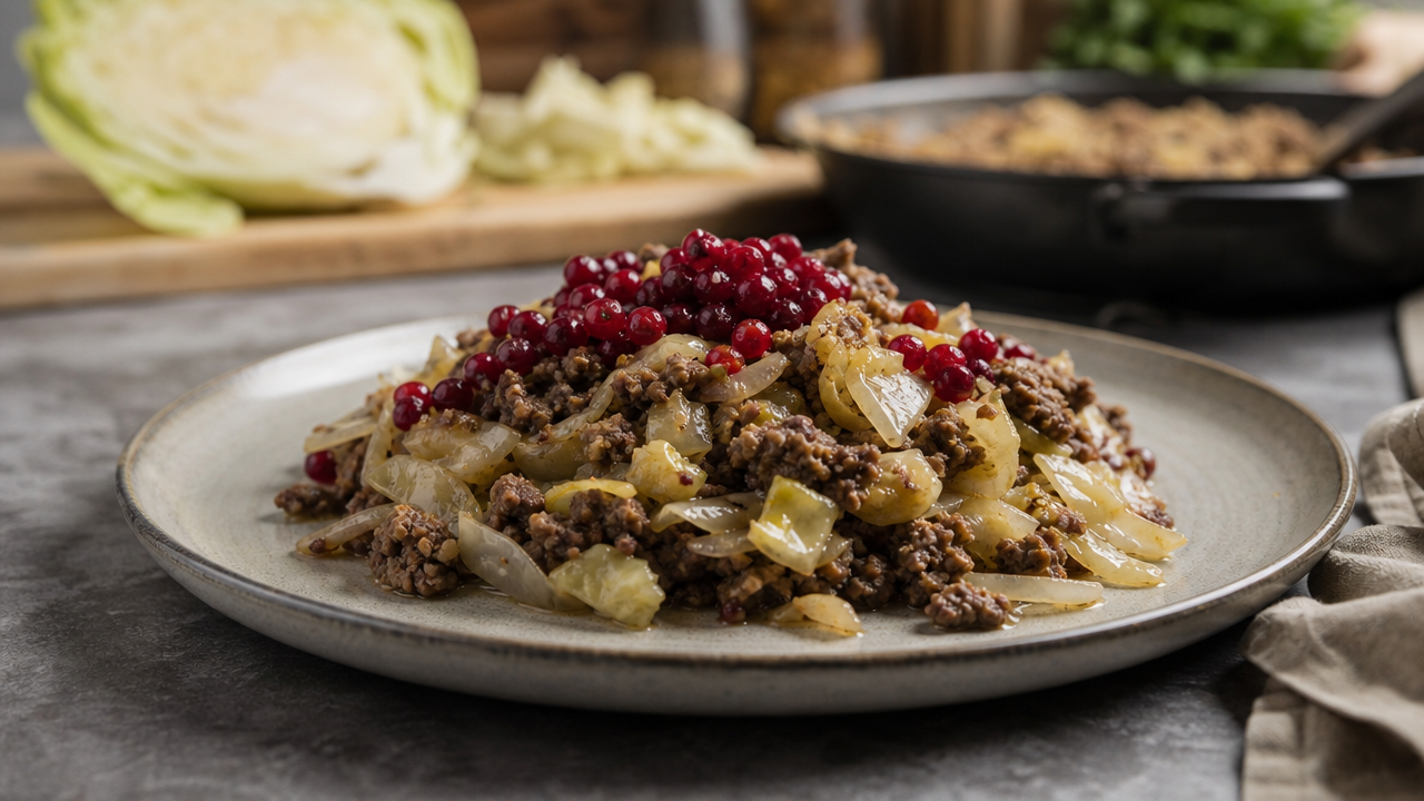 Köttfärsgryta med vitkål och lingon