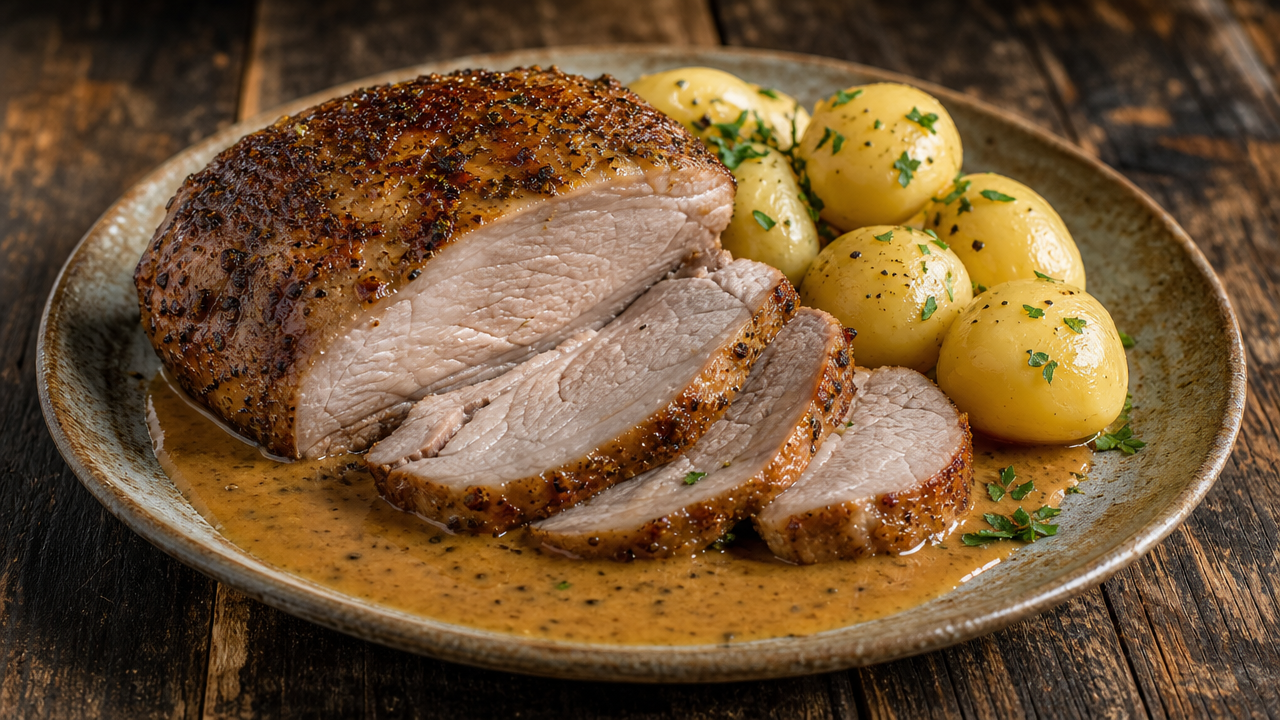 Nattbakad fläskkarré med kokt potatis och en god sås