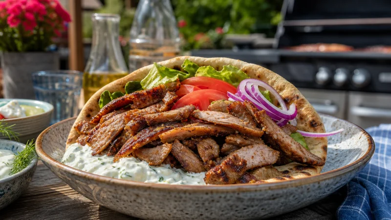Grekisk gyros med pitabröd, grönsaker och tzatziki